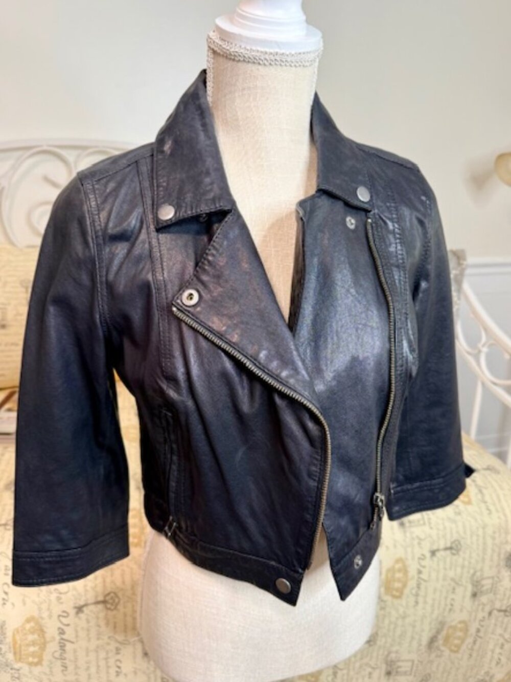 DEPT Short Black Leather Moto with 3/4 Length Sleeves
